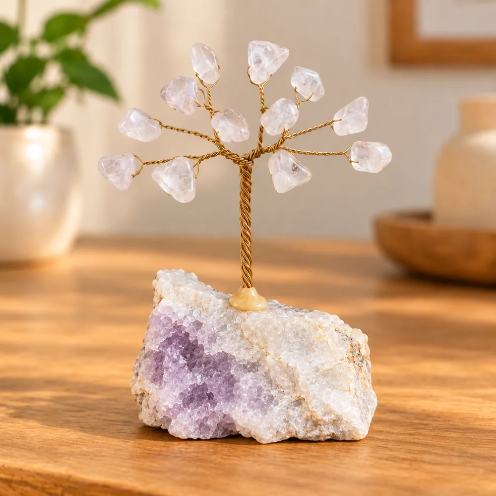 Arbolito de Cuarzo blanco en un ambiente decorativo